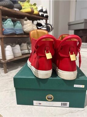 Buscemi Red Leather High-Top Sneakers with Gold Padlock